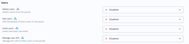 Users permissions. It lists four permissions: Delete users, Edit users, Invite users and Manage user 2FA. Each permission includes a short description and an account-level icon. All permissions are currently set to Disabled, shown with red "X" icons and drop-down menus.